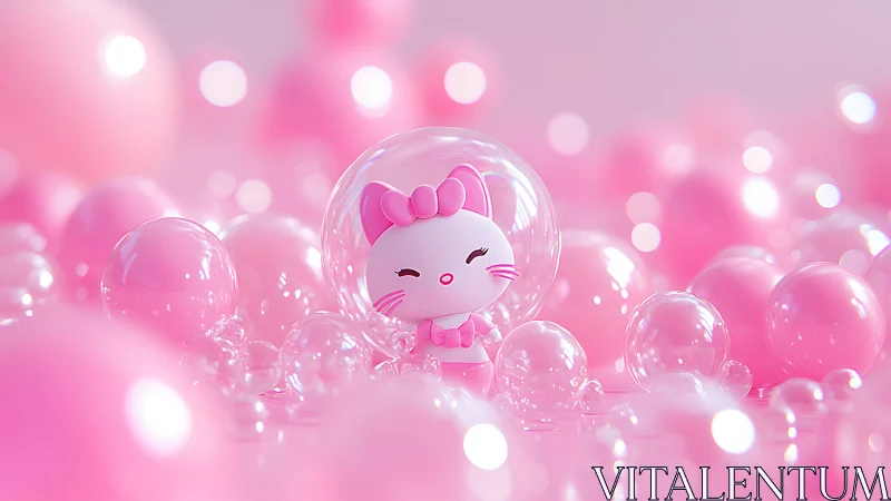 Bubble-helmet kitty quietly floats through a candy-pink dream