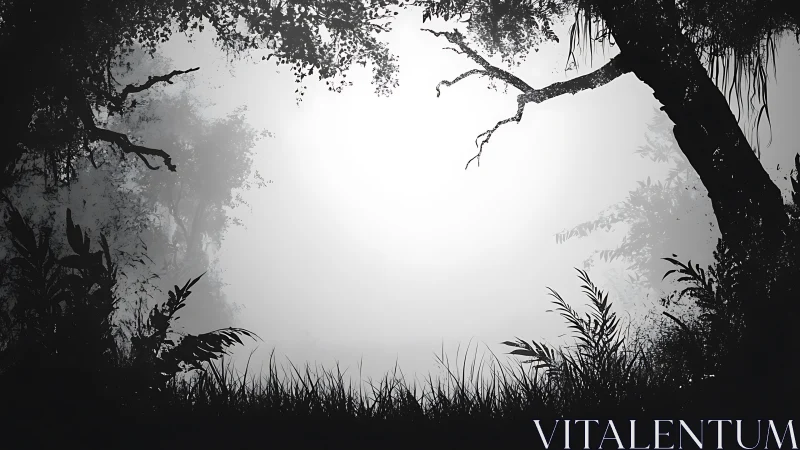 Mystical Forest Clearing Shrouded in Mist and Shadow