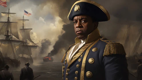 Calm navy captain stands firm as battle smoke gathers.