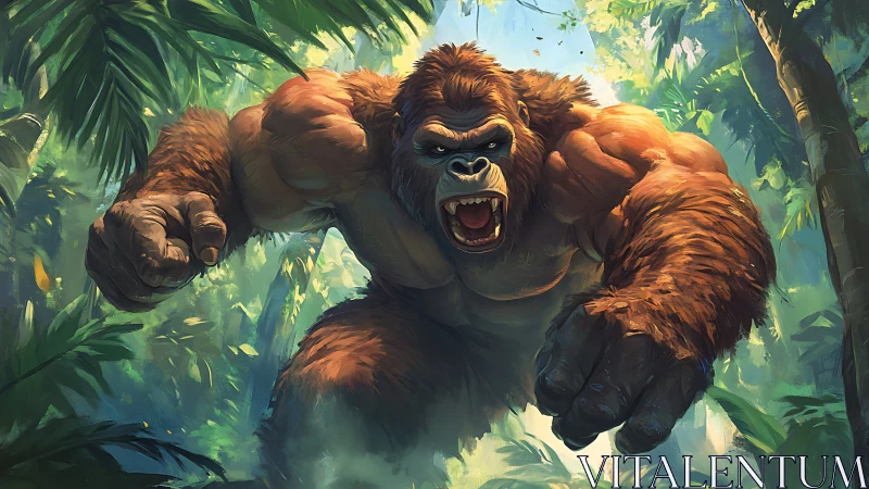 Mighty jungle gorilla charging through sunlit rainforest.
