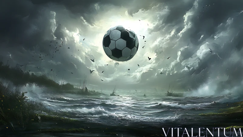 Giant soccer ball over stormy ocean under dark clouds.