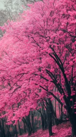 Dense cherry blossom canopy forms saturated pink woodland corridor