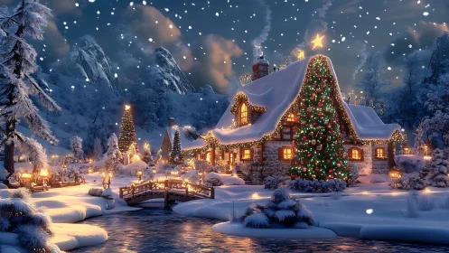 Snow-covered cottage and trees display seasonal lighting