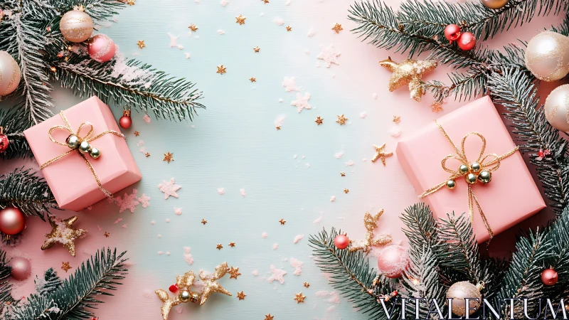 Pastel Christmas flat lay with pink gifts and frosted fir branches.