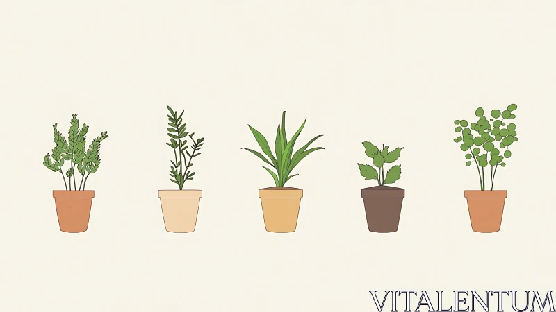 Minimalist vector study arranges five stylized potted herbs