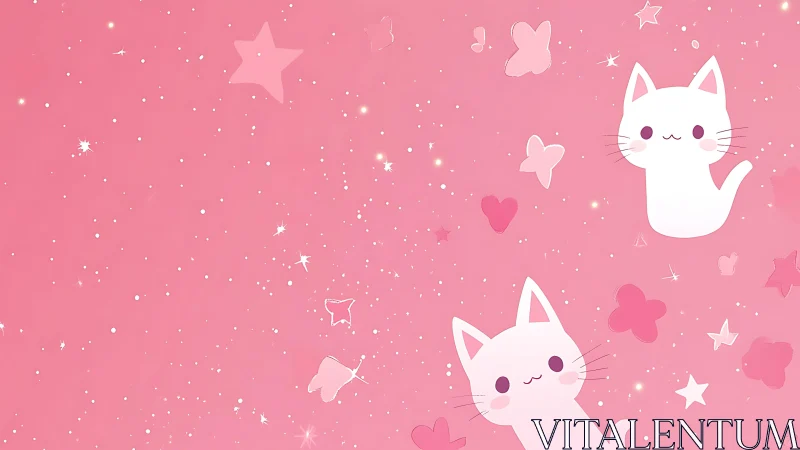 Whimsical White Cats Against Starlit Pink Background with Enchanted Elements