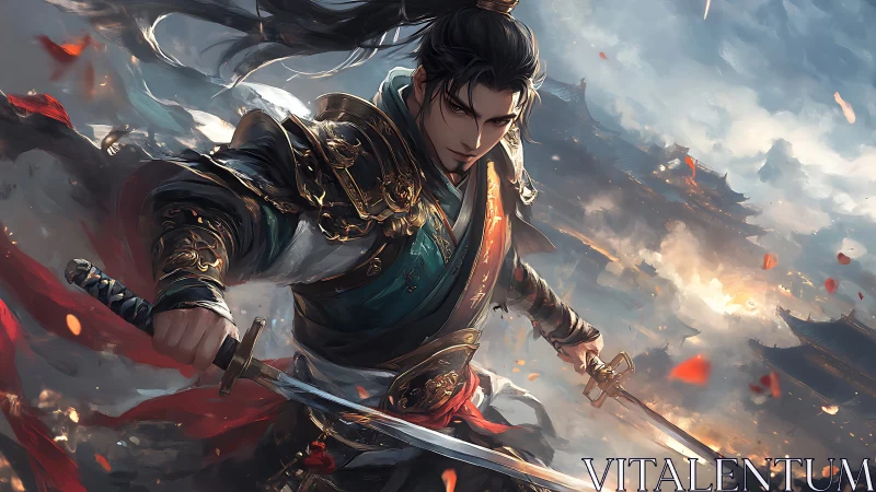 Armored swordsman with dual blades in burning citadel scene.