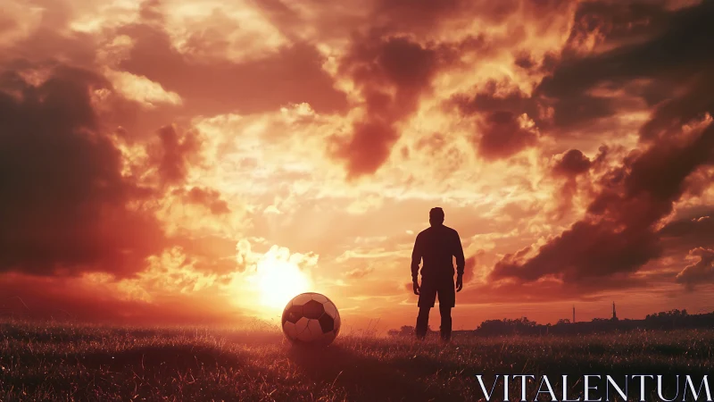 Solitary soccer dreamer framed by a blazing sunset sky.