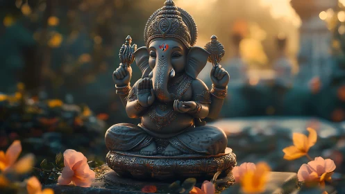 Serene Ganesha idol in golden garden bokeh glow.