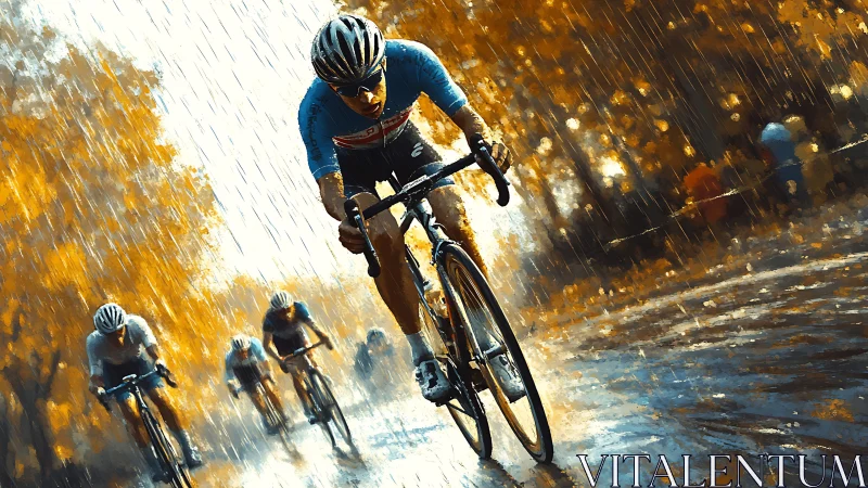 Competitive Cyclists Racing Through Autumn Downpour Rendered Digitally