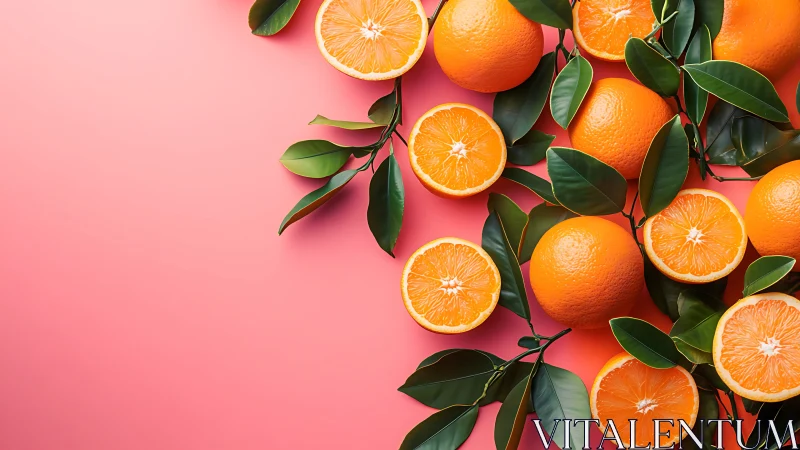 Fresh oranges spill across vibrant coral background.