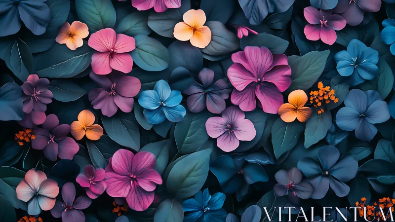 Layered Floral Composition with Pink, Blue, and Orange Blooms.