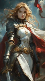 Armored paladin with wind-swept cloak in dynamic battlefield portrait.
