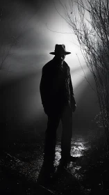 Shadowed figure stands in misty forest path at night.