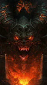 Fiery horned demon roars above molten gates of glowing lava