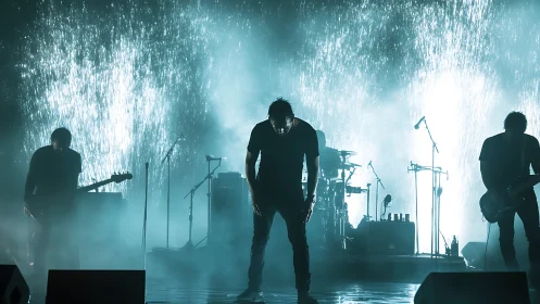 Silhouetted rock band performing on stage with backlights.