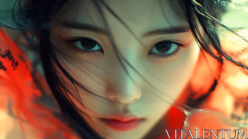 Hyperreal close portrait of young woman in vibrant red veil