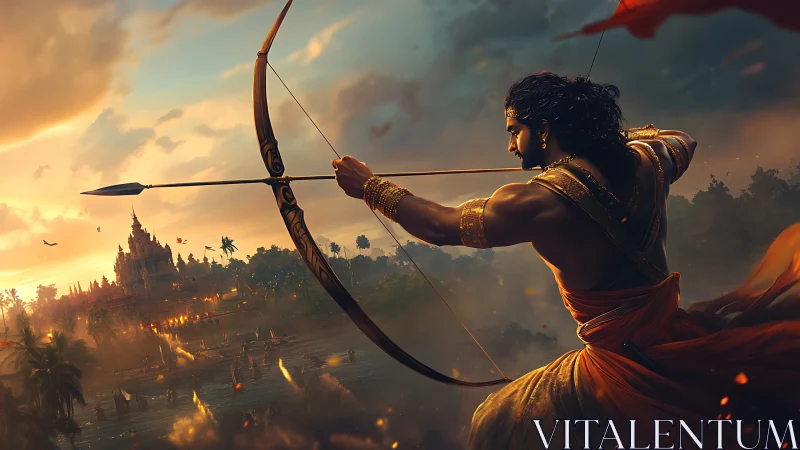 Heroic archer draws a glowing bow over a mythic kingdom.