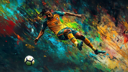 Soccer player in midair kick amid abstract color field.