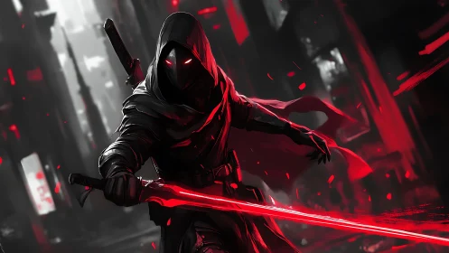 Hooded cyber assassin with glowing red energy blade poised.