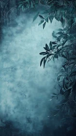 Vertical foliage silhouette borders textured blue background