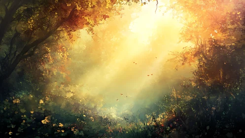 Sunbeams wander softly through a secret painted forest