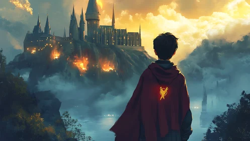 Hooded hero watches burning cliffside fantasy castle at dusk.