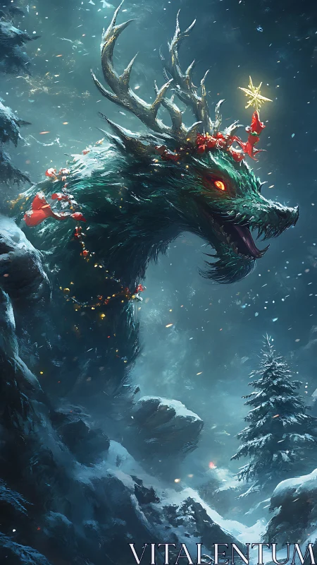 Holiday forest dragon brightens a snowy winter night.