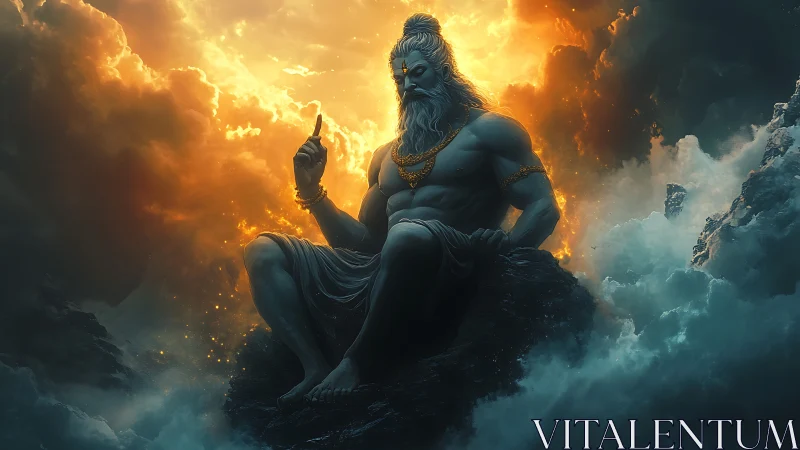 Storm god seated above clouds amid blazing sunset sky.
