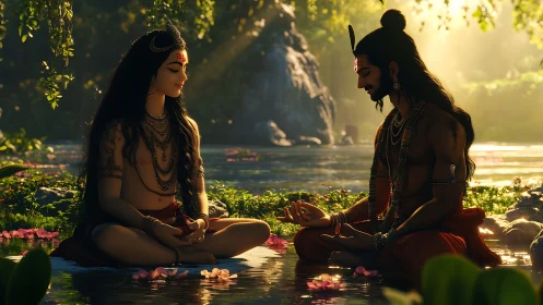 Sunlit riverbank meditation with stylized yogic couple in lotus