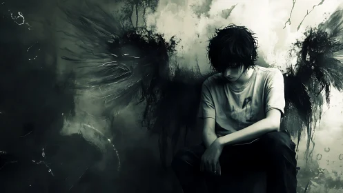 Brooding fallen angel boys sinks into stormy shadow wings.