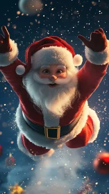 Santa Claus character jumps upward in a snowy night scene