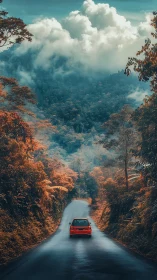 Red car glides through misty autumn forest mountain road