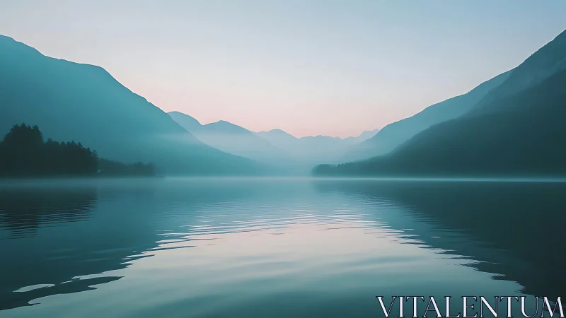 Photorealistic alpine lake at dawn with misted mountain forms.