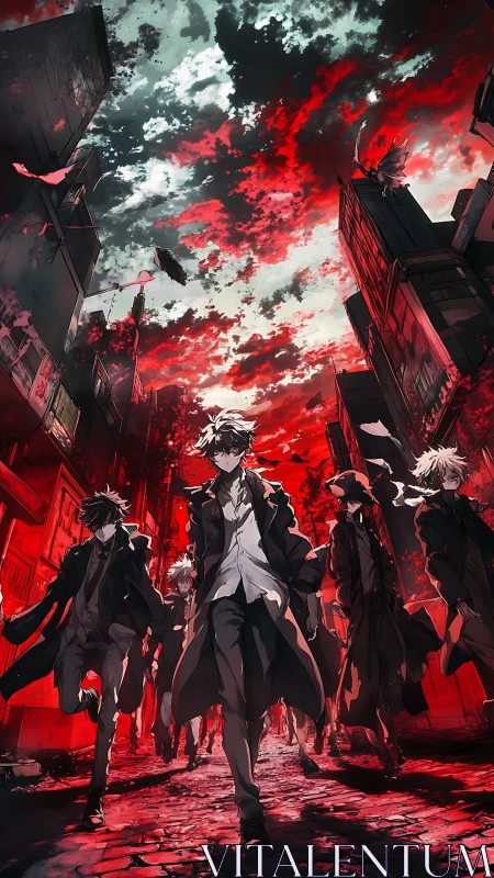 Crimson sky shadows: cool rebels walking the burning city.