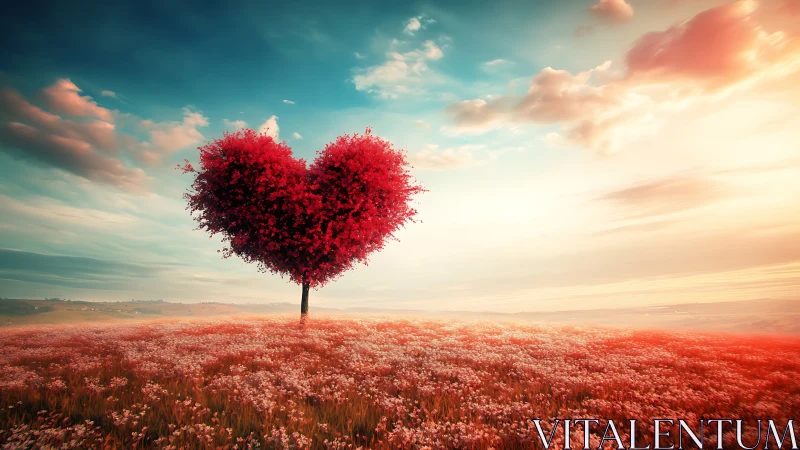 Heart-shaped tree rendered in field with warm gradient sky.