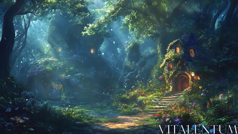Enchanted forest cottage basks in dreamy dappled light.