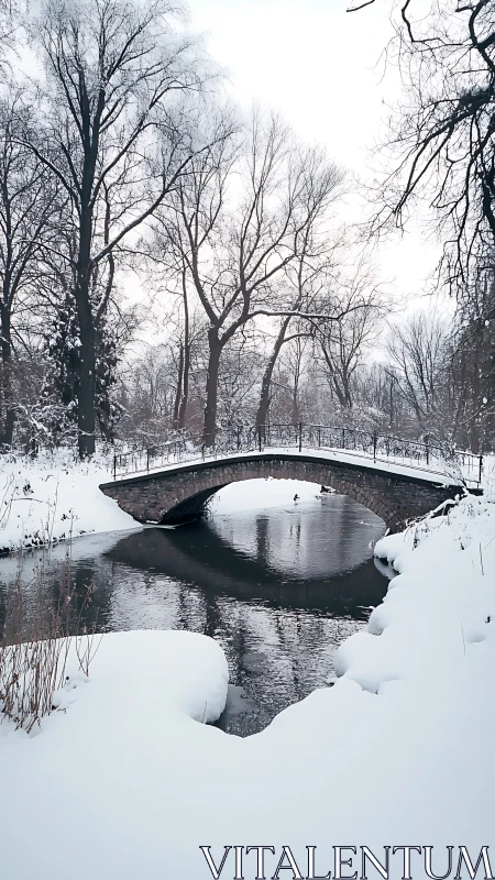 Stone footbridge over snowy winter river in quiet park.