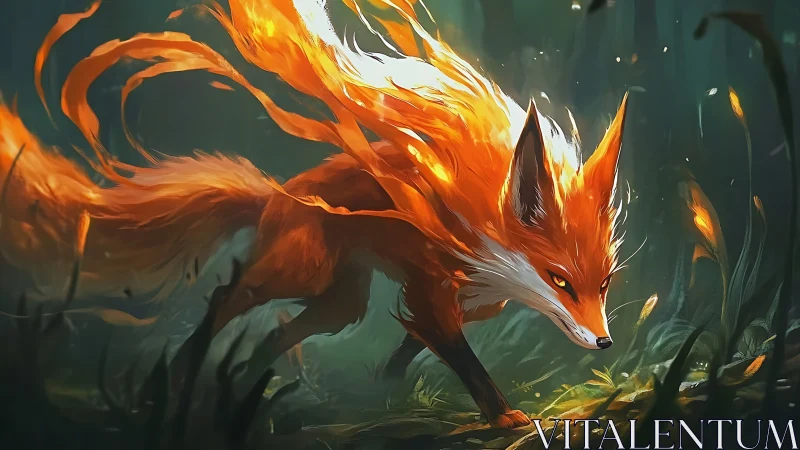 Fiery orange fox with flame-like fur in dense forest scene.