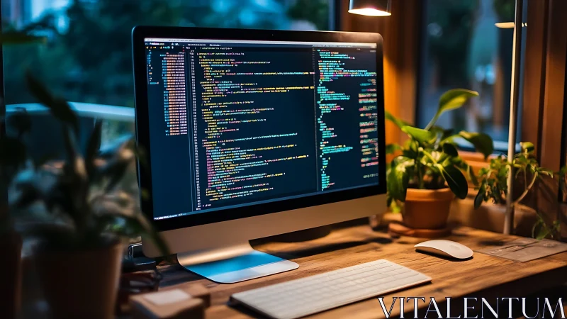 Backlit coding workstation shows IDE with syntax‑highlighted source