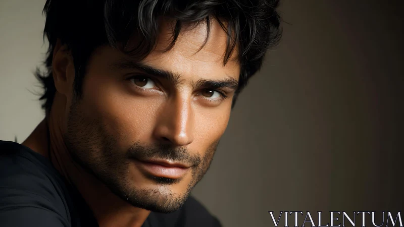 Brooding gaze in warm shadow, a quiet storm of charisma.