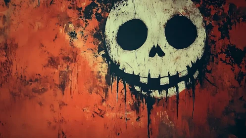 Distressed grinning skull graffiti dominates a grunge orange field