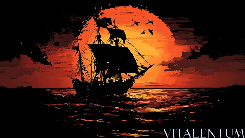 Silhouetted tall ship crossing molten orange sunset horizon.