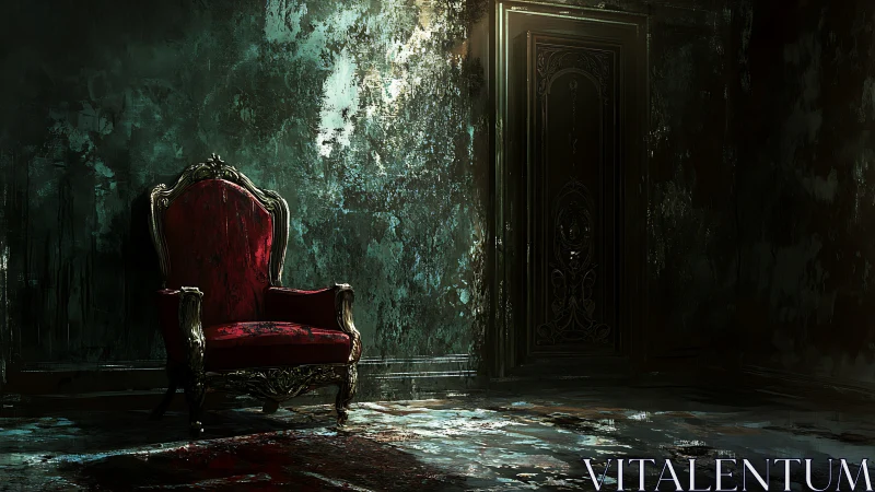 Decayed baroque armchair beside luminant engraved doorframe.