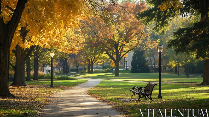 Golden autumn park path invites a quiet, peaceful stroll
