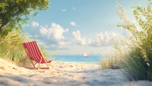 Striped deck chair beside sunlit dune beach path.