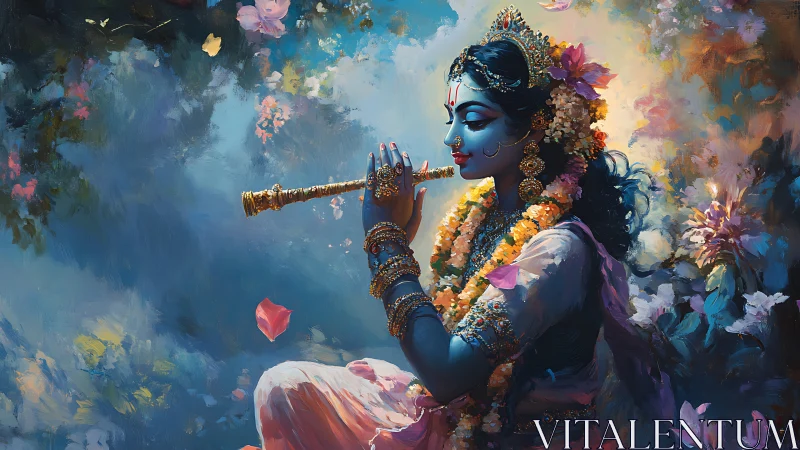 Divine blue-skinned flute player amid luminous floral bokeh