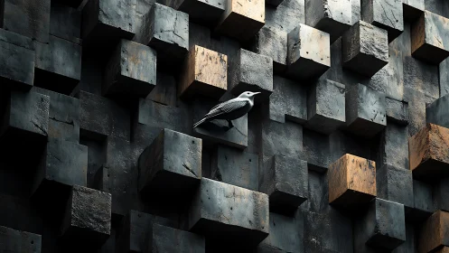 Solitary bird threading through a maze of weathered cubes.