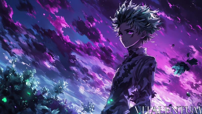 Moody anime boy under magenta-tinted storm sky with dynamic lighting