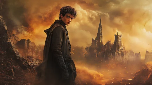 Solitary wanderer surveys a ruined citadel in burning dusk haze